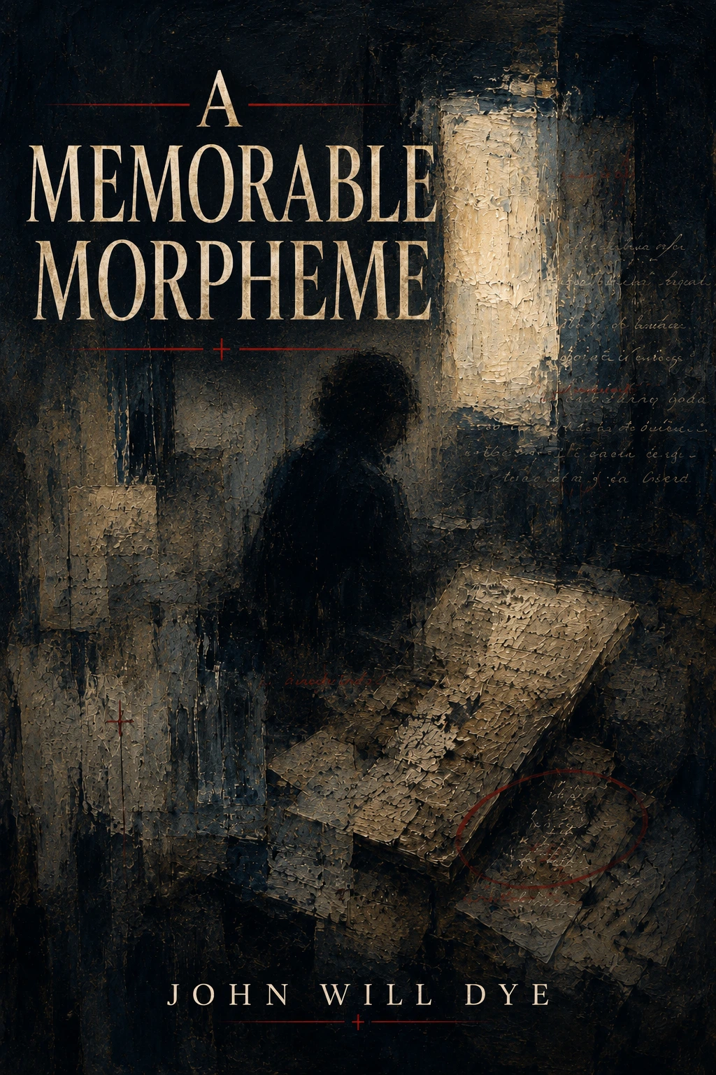 A Memorable Morpheme cover: a shadowed figure, worn papers, and a bright doorway in a dark room.
