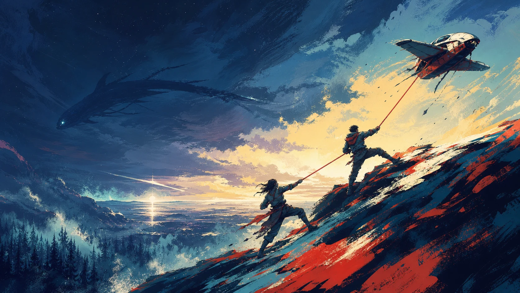 Two people pull together on a line attached to a damaged aircraft climbing through a violent, luminous landscape.
